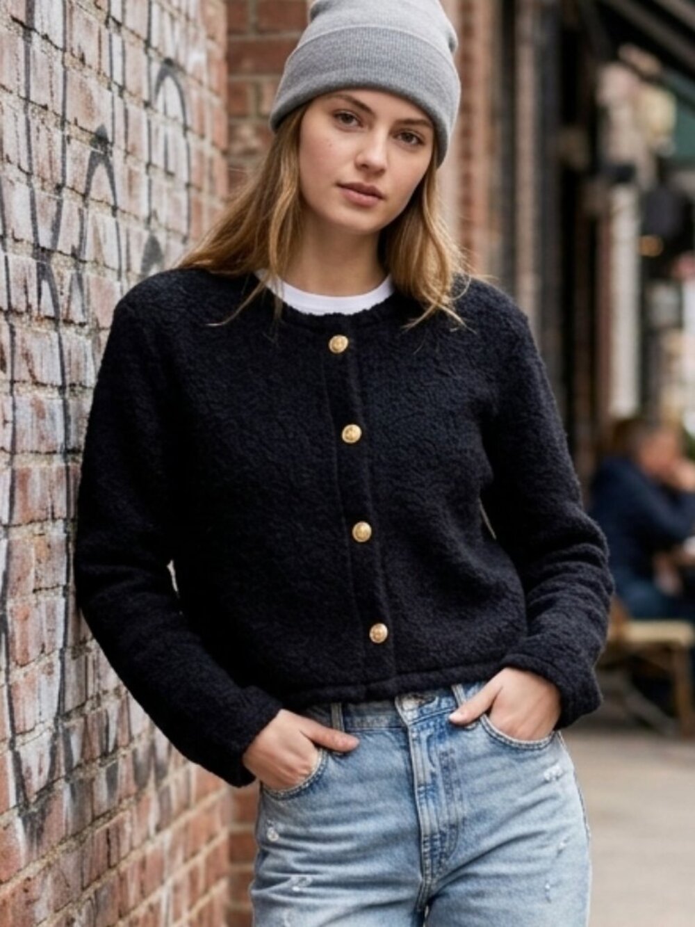 NWT H&M DIVIDED Black Bouclé Knit Cardigan Jacket w/ Gold Buttons - Size M